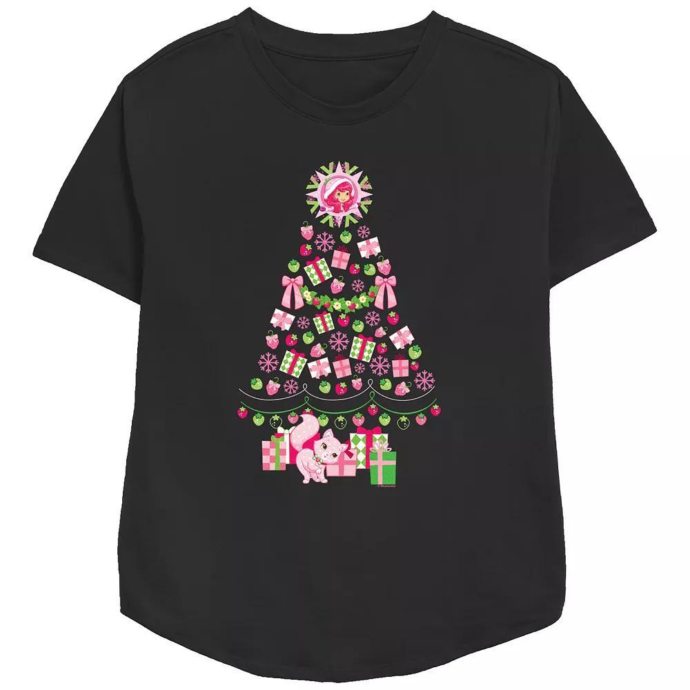 Women's Strawberry Shortcake Berry Christmas Tree Relaxed Fit Graphic Tee, Size: Small, Black Product Image