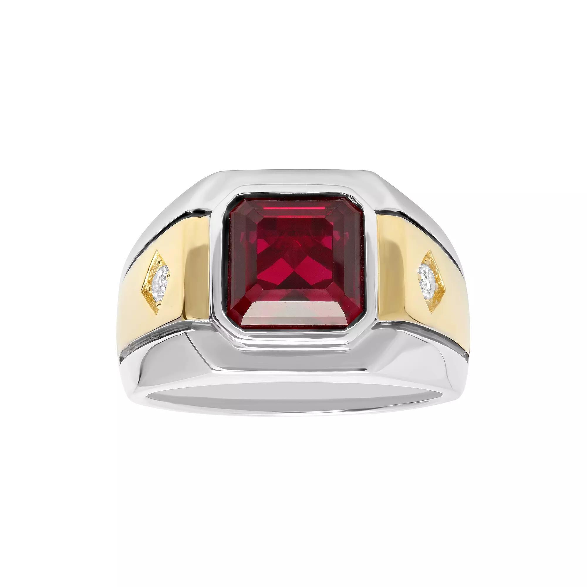 Men's Sterling 14k Gold Over Silver Lab-Created Ruby & White Sapphire Ring, Size: 9, Gold Tone Product Image