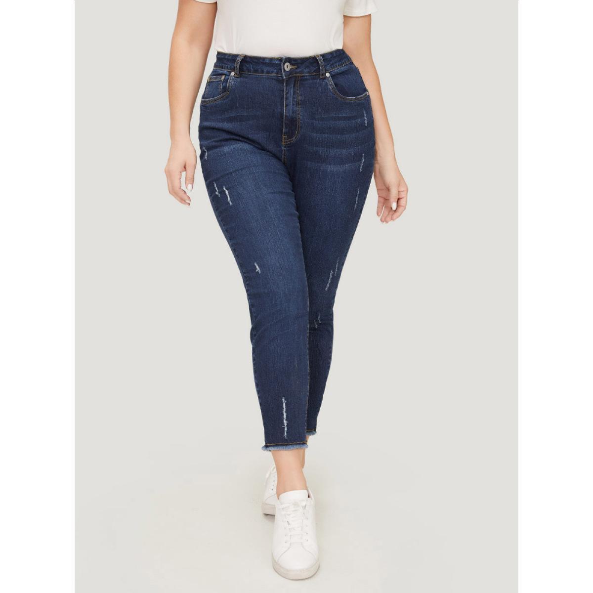 Plus Size Straight Leg Very Stretchy Raw Hem Jeans Women DarkBlue Casual Plain High stretch Pocket Jeans BloomChic 12/L Product Image