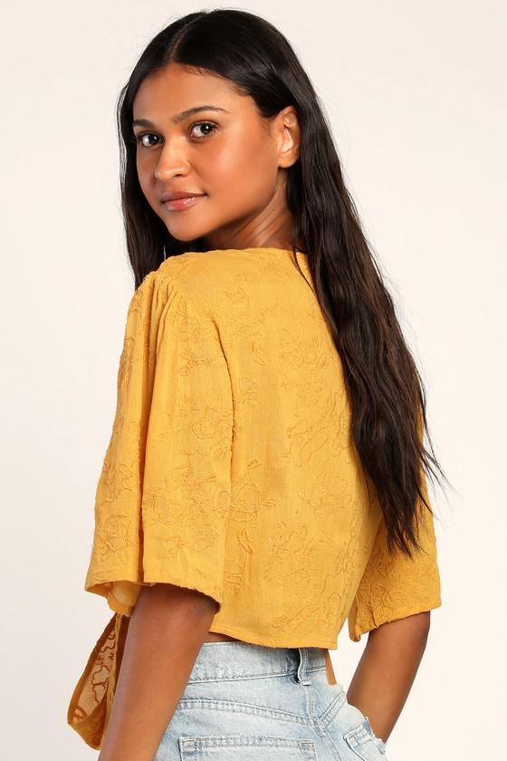 Delightful Darling Yellow Floral Embroidered Tie-Front Crop Top Product Image
