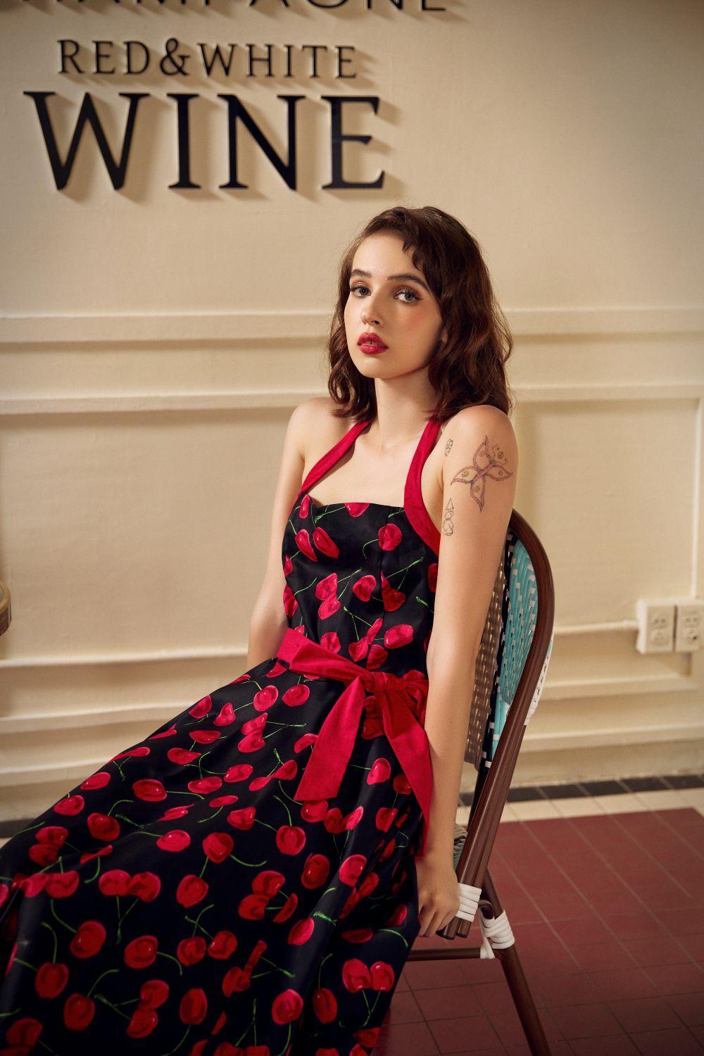 Black & Red Cherry Halter Dress Product Image