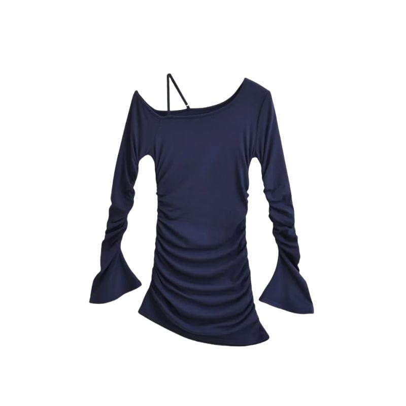 Long Sleeve Cold Shoulder Plain Ruched Top Product Image