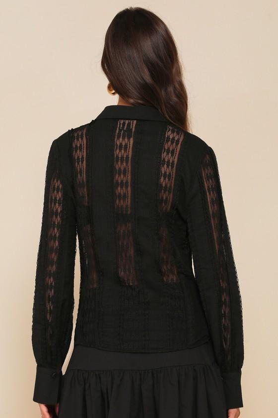 Unique Effect Black Lace Sheer Long Sleeve Button-Up Top Product Image