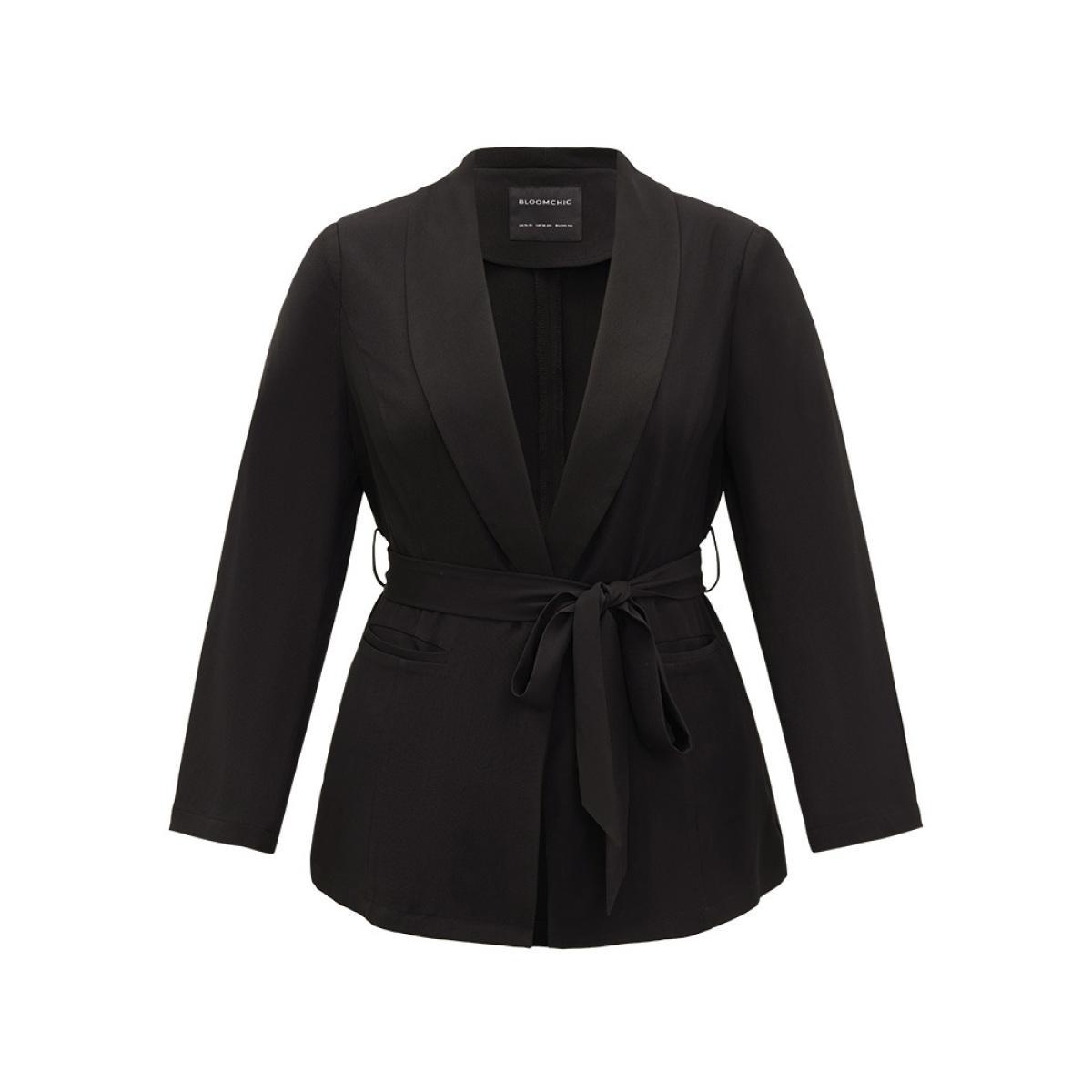 Plus Size Plain Ties Pocket Belted Lapel Collar Blazer Black Women Work Plain Plain Sleeve Long Sleeve Lapel Collar 10/M Pocket Belt Workwear Essentials Blazers BloomChic Product Image