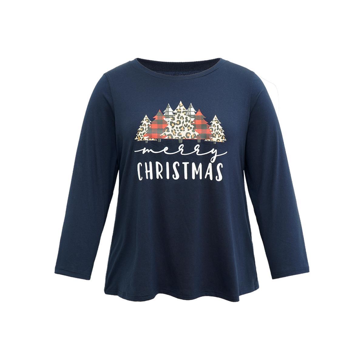 Plus Size Christmas Trees Letter Print Round Neck T-shirt Indigo Women Casual Printed Christmas Festival-Christmas T-shirts BloomChic 12/L Product Image