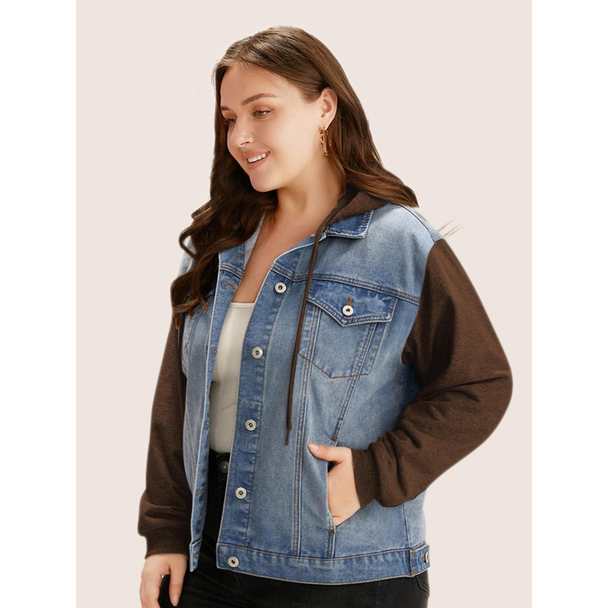 Women Hooded Patchwork Flap Pocket Denim Jacket DarkBrown Plus Size Plain Contrast Everyday Slanted pocket Casual Denim Jackets BloomChic 12/L Product Image