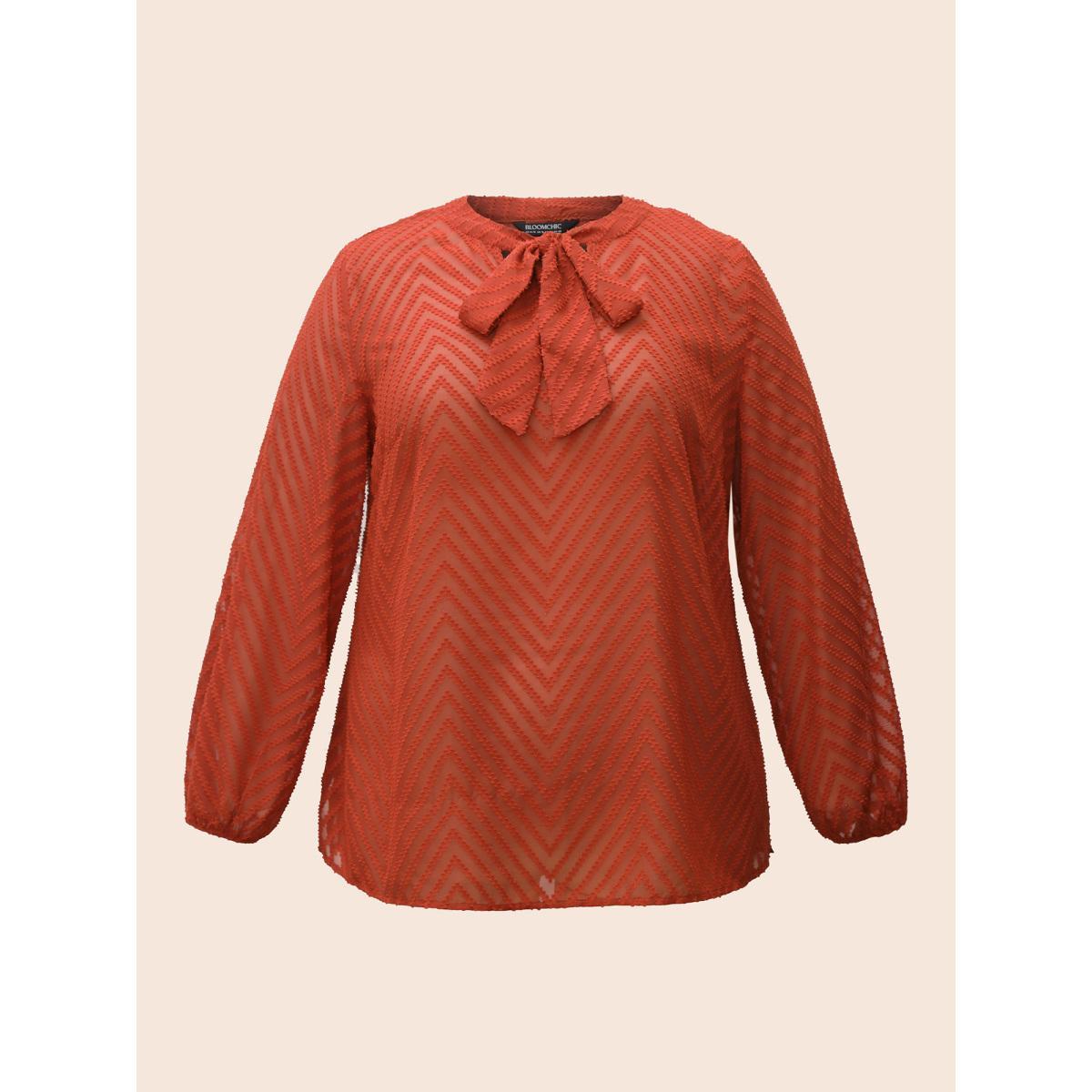 Plus Size Rust Wicked Neck Ribbon Lantern Sleeve Blouse Women Elegant Long Sleeve Ribbon-tied collar Everyday Blouses BloomChic 30/6X Product Image