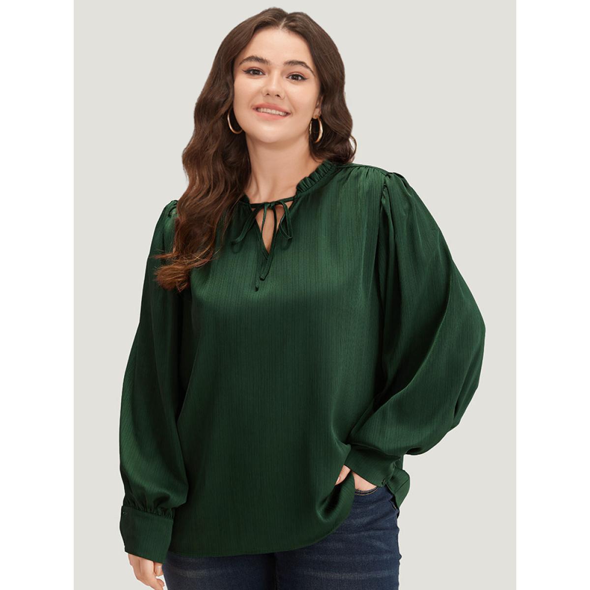 Plus Size DarkGreen Anti-Wrinkle Solid Knot Neck Gathered Lantern Sleeve Blouse Women Office Long Sleeve Tie Neck Work Blouses BloomChic 12/L Product Image