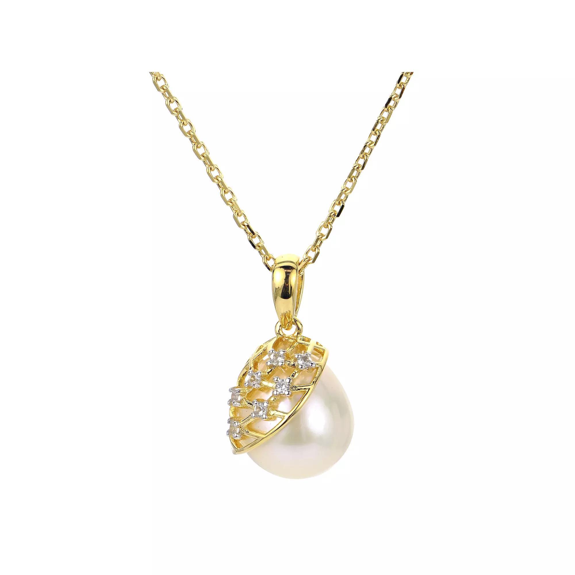 PearLustre by Imperial 14k Gold Over Silver Freshwater Cultured Pearl & Lab-Created White Sapphire Lattice Pendant Necklace, Womens 14k Gold Plated Product Image