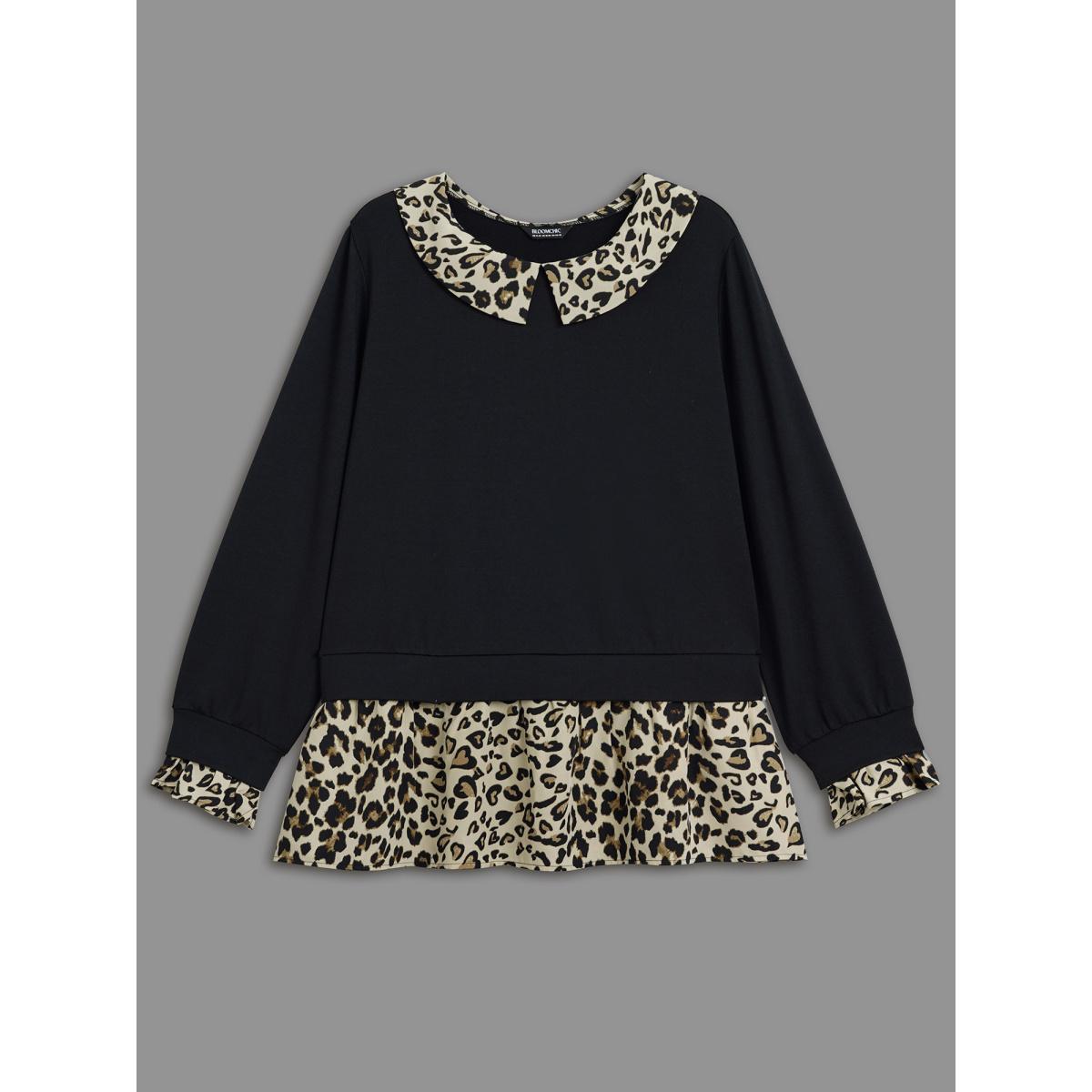 Plus Size Peter Pan Collar Leopard Print Patchwork Sweatshirt Women Black Elegant Contrast Peter Pan collar Everyday Sweatshirts BloomChic 10/M Product Image