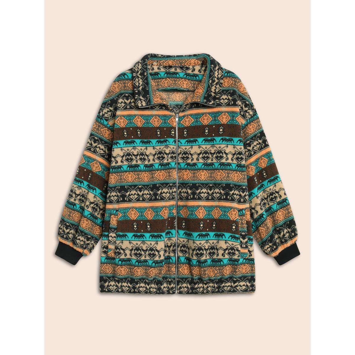 Plus Size Holiday Zipper Collared Jacket Women Multicolor Contrast Loose Slanted pocket Everyday Jackets BloomChic 12/L Product Image