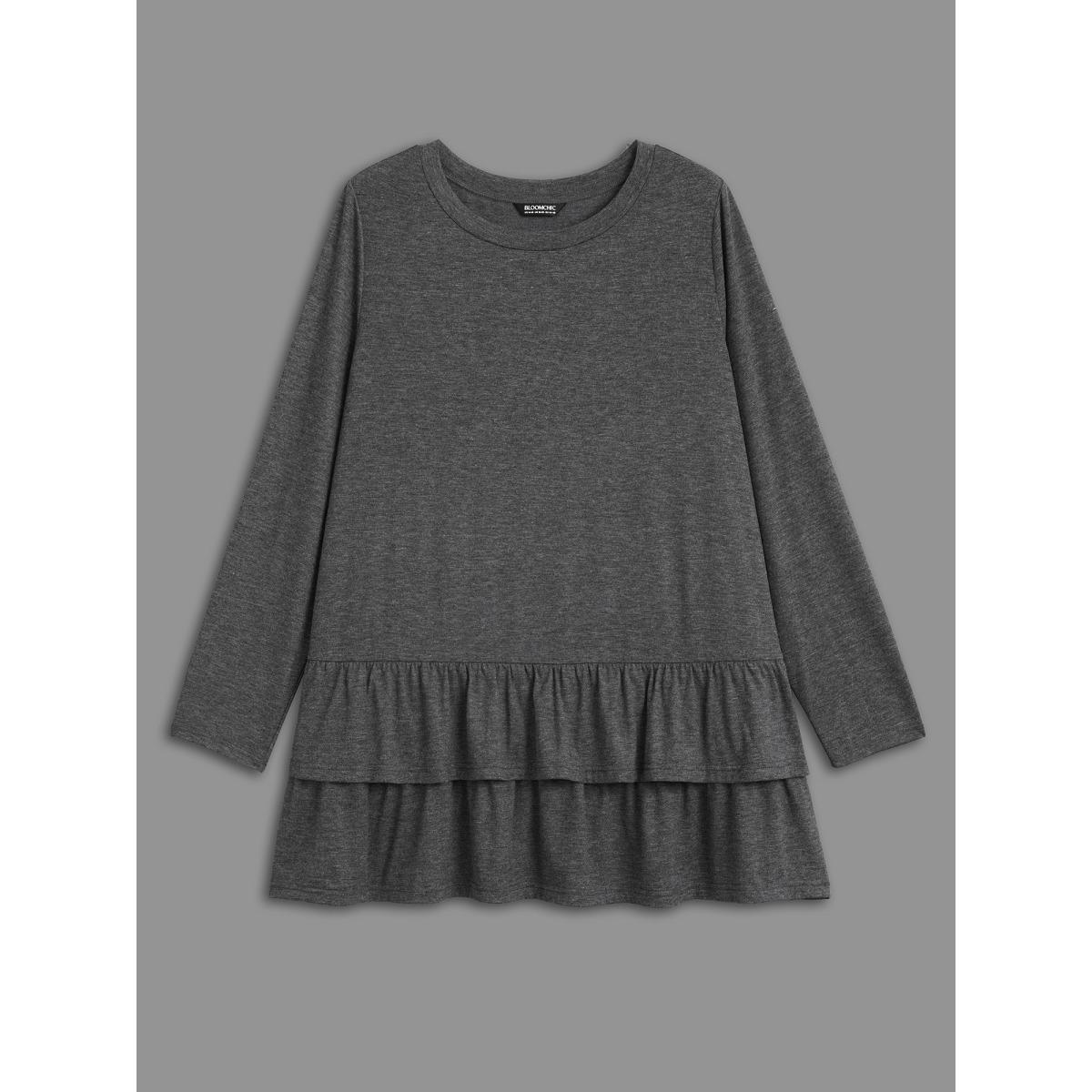 Plus Size Round Neck Tiered Ruffles Hem T-Shirt DimGray Women Elegant Gathered Round Neck Everyday T-shirts BloomChic 10/M Product Image