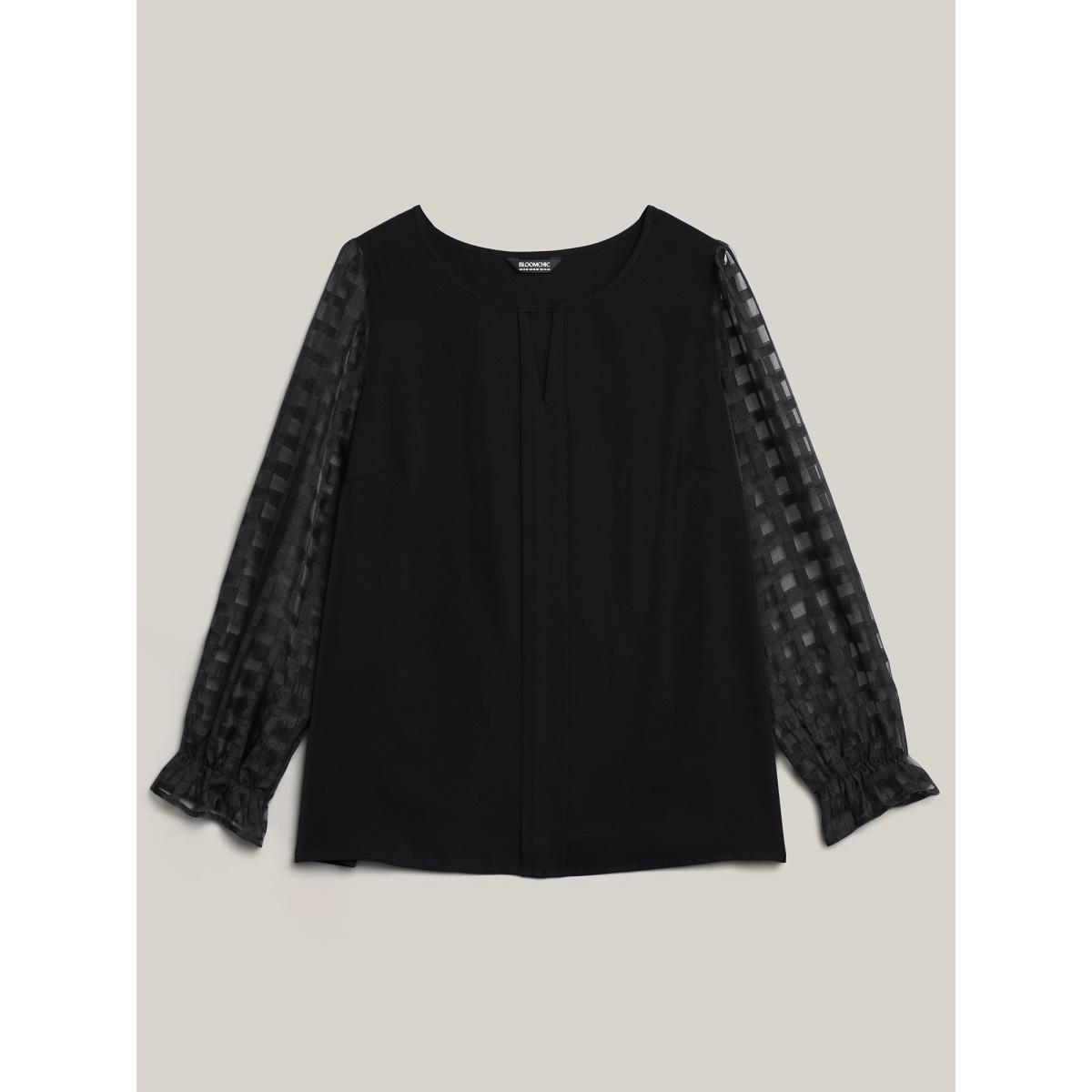 Plus Size Black Sheer Textured Sleeve Neck Cut-Out Shirt Women At the Office Long Sleeve Round Neck Work Blouses BloomChic 30/6X Product Image