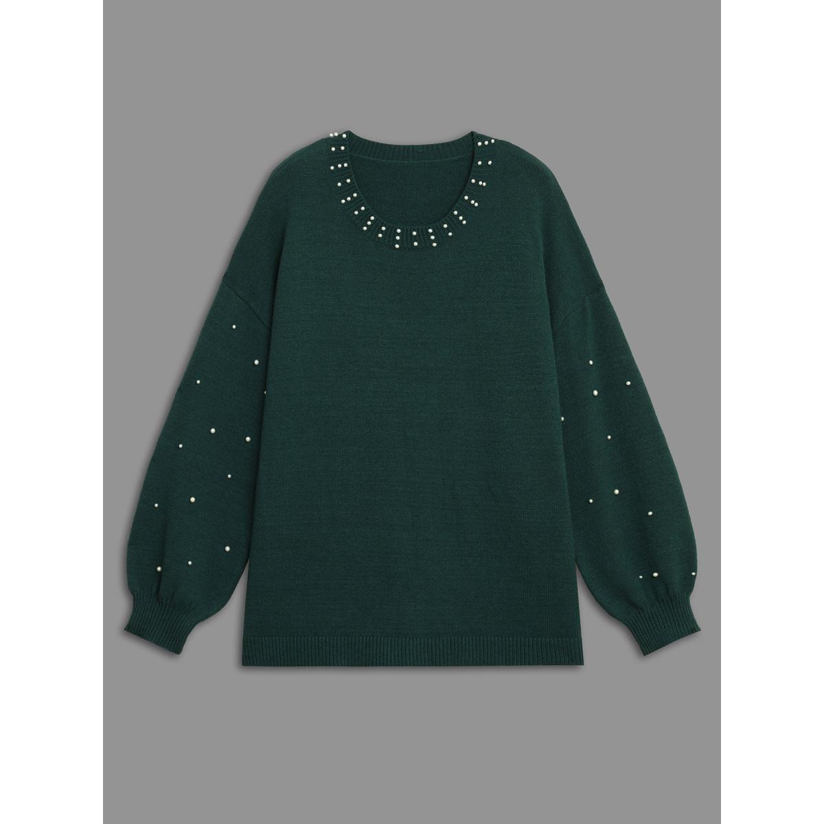 Plus Size Supersoft Essentials Beaded Neckline Drop-Shoulder Pullover DarkGreen Women Casual Loose Long Sleeve Round Neck Everyday Pullovers BloomChic 14-16/1X Product Image