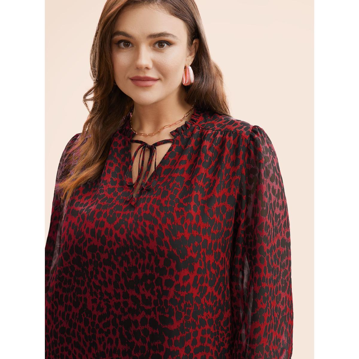 Plus Size Crimson Leopard Print Tie Knot Lantern Sleeve Blouse Women Elegant Long Sleeve V-neck Everyday Blouses BloomChic 26/4X Product Image