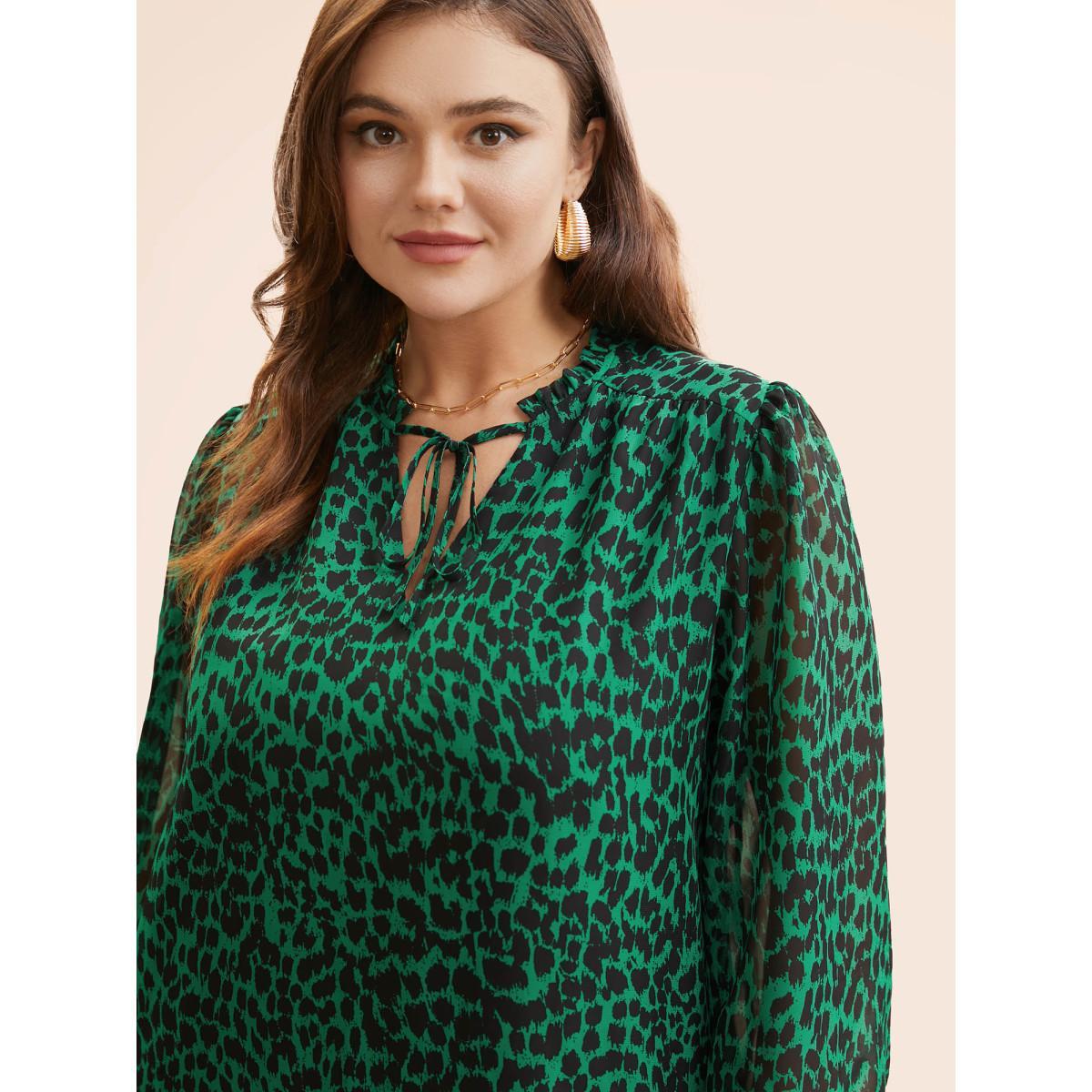 Plus Size DarkGreen Leopard Print Tie Knot Lantern Sleeve Blouse Women Elegant Long Sleeve V-neck Everyday Blouses BloomChic 26/4X Product Image