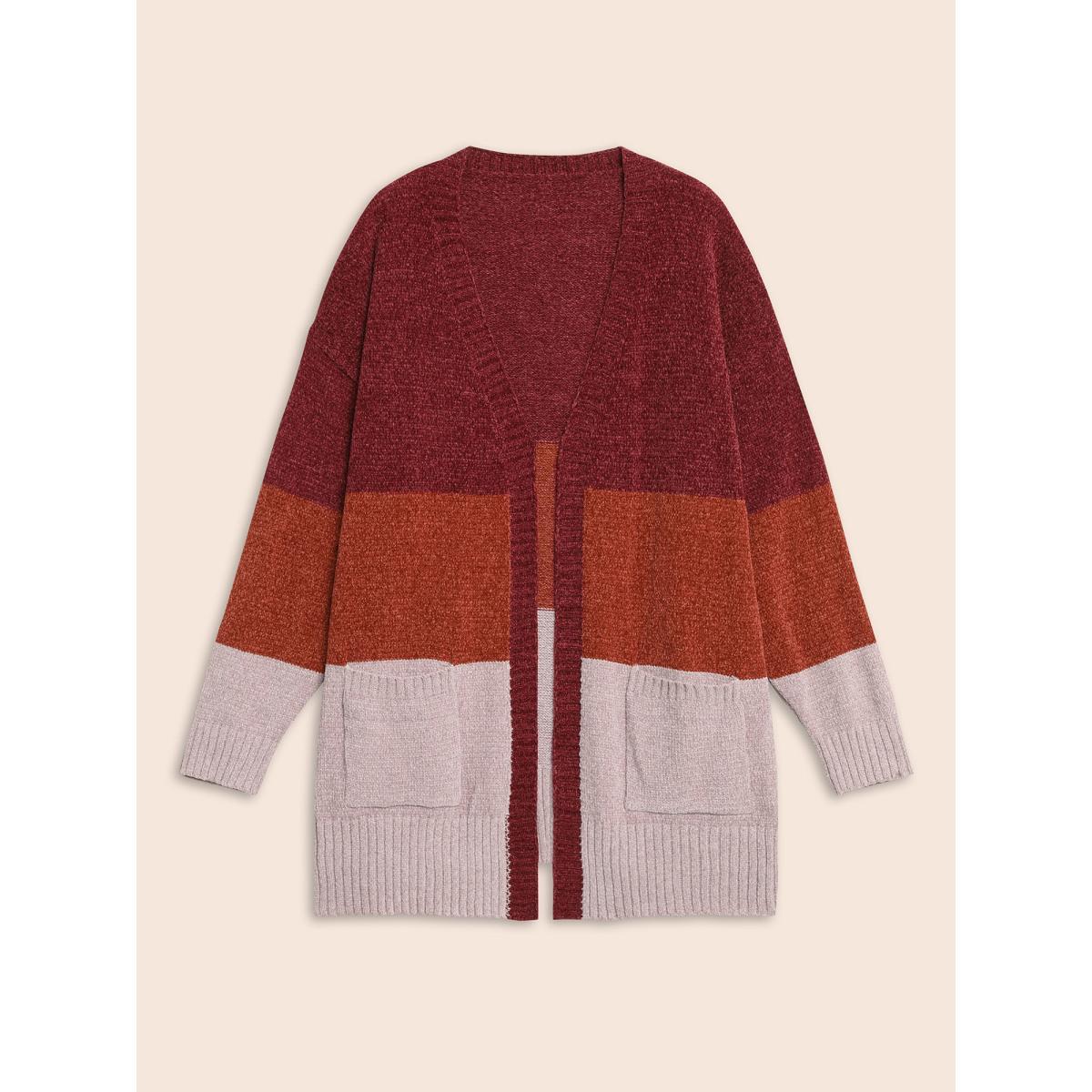 Plus Size Colorblock Contrast Patch Pocket Cardigan Yellowishbrown Women Casual Loose Long Sleeve Everyday Cardigans BloomChic 14-16/1X Product Image