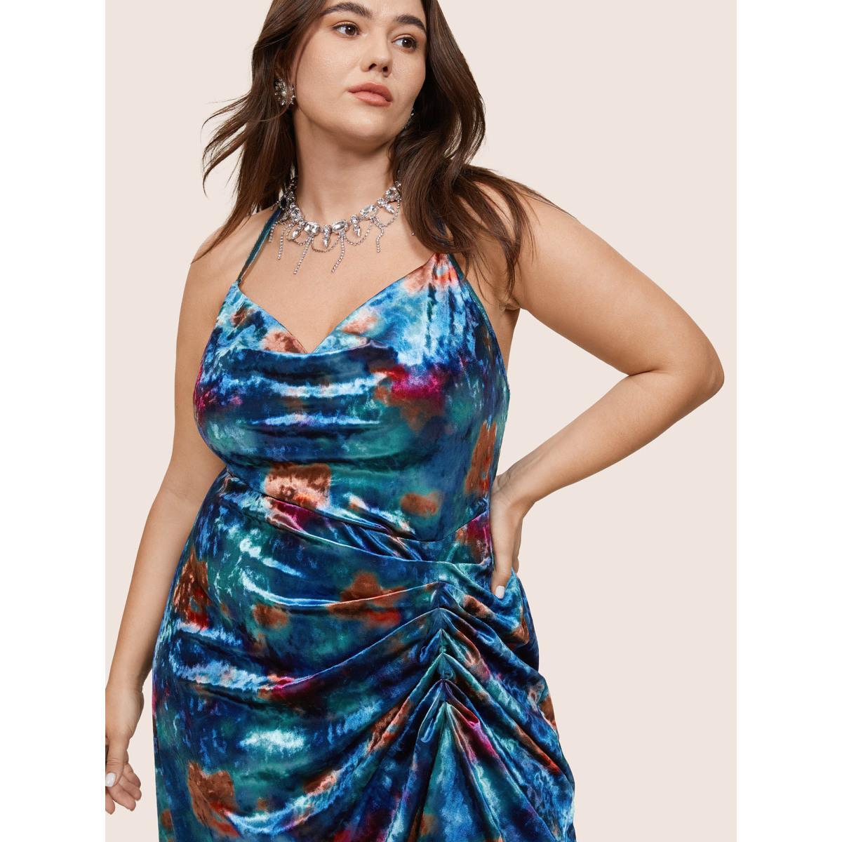 Plus Size Colored Floral Velvet Cowl Neck Ruched Cami Dress Teal Women Party Velvet Cowl Neck Sleeveless Curvy Midi Dress BloomChic 10/M Product Image