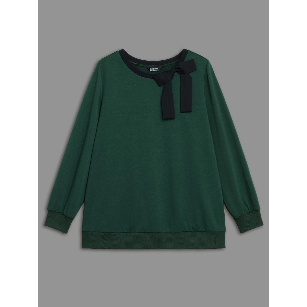 Plus Size Bow-tie Detailing High Neck Sweatshirt Women DarkGreen Casual Contrast Round Neck Everyday Sweatshirts BloomChic 14-16/1X Product Image