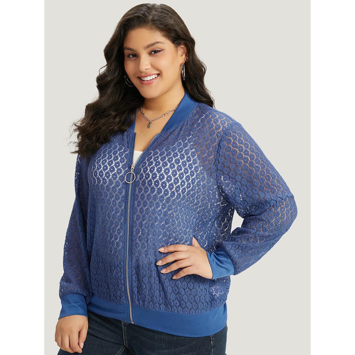 Plus Size Plain Lace Patchwork Zipper Cut Out Jacket Women Aegean Plain Dailywear Jackets BloomChic 12/L Product Image