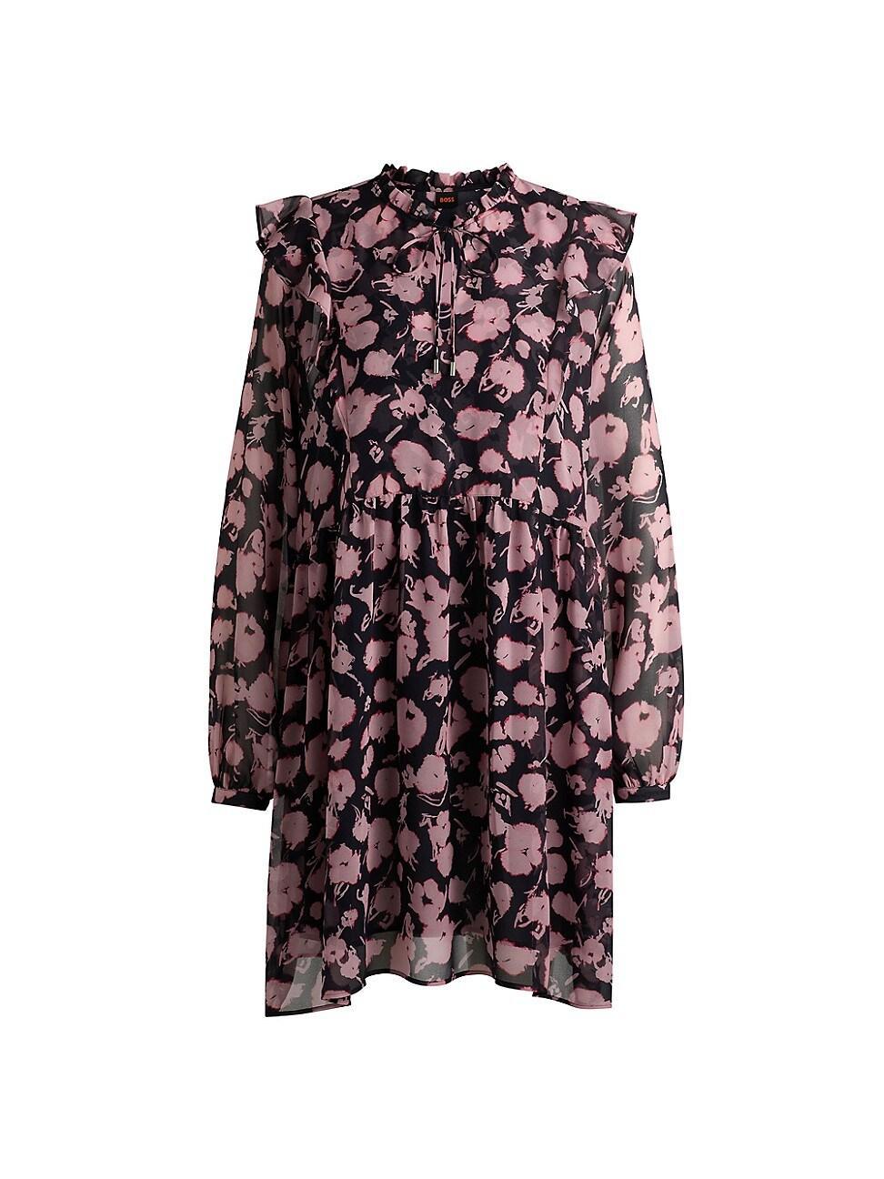 Womens Printed Dress with Ruffle Trims and Button Cuffs Product Image