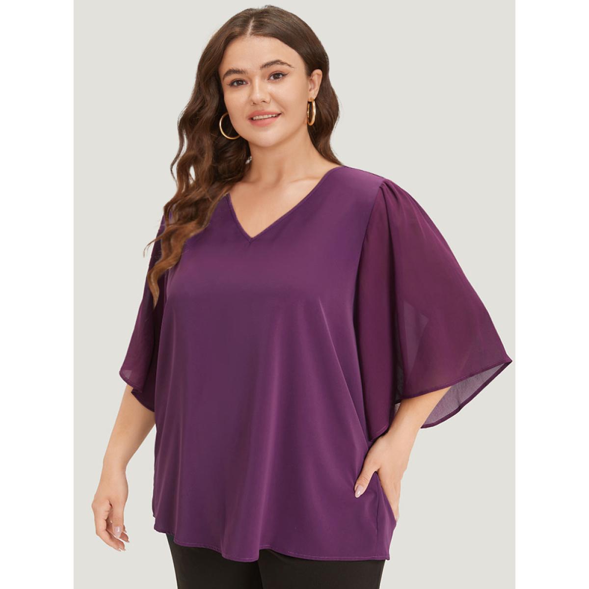 Plus Size Purple Anti-Wrinkle Plain V Neck Mesh Patchwork Flutter Sleeve Blouse Women Office Half Sleeve V-neck Work Blouses BloomChic 26/4X Product Image