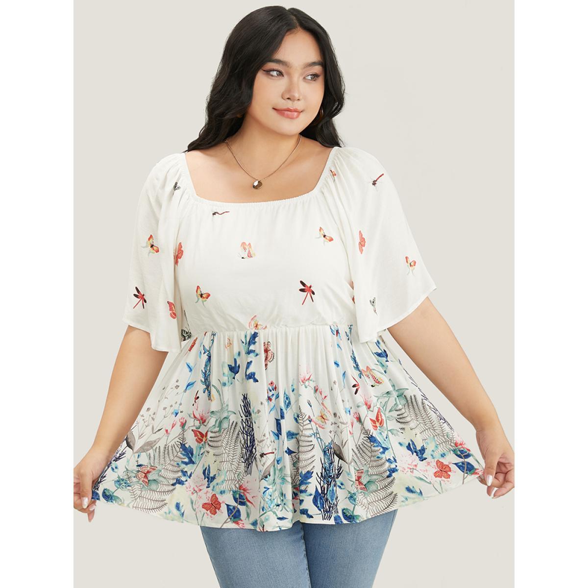 Plus Size White Butterfly & Floral Print Square Neck Ruffles Blouse Women Vacation Short sleeve Square Neck Dailywear Blouses BloomChic 12/L Product Image