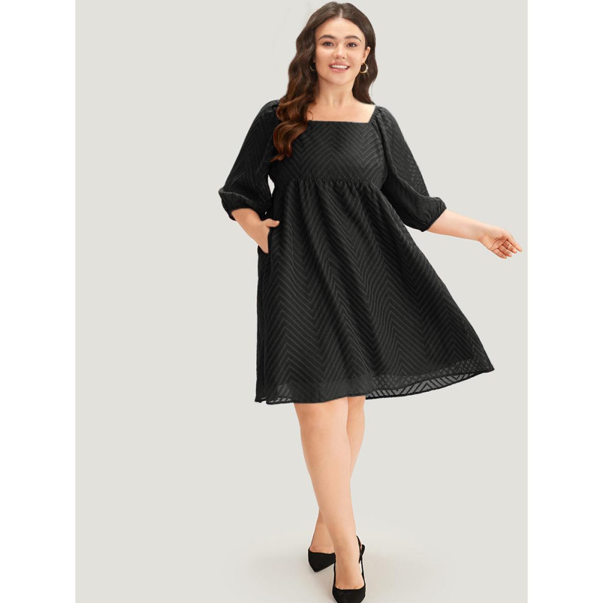 Plus Size Plisse Solid Square Neck Lantern Sleeve Dress Black Women Office Lined Square Neck Half Sleeve Curvy Midi Dress BloomChic 18-20/2X Product Image