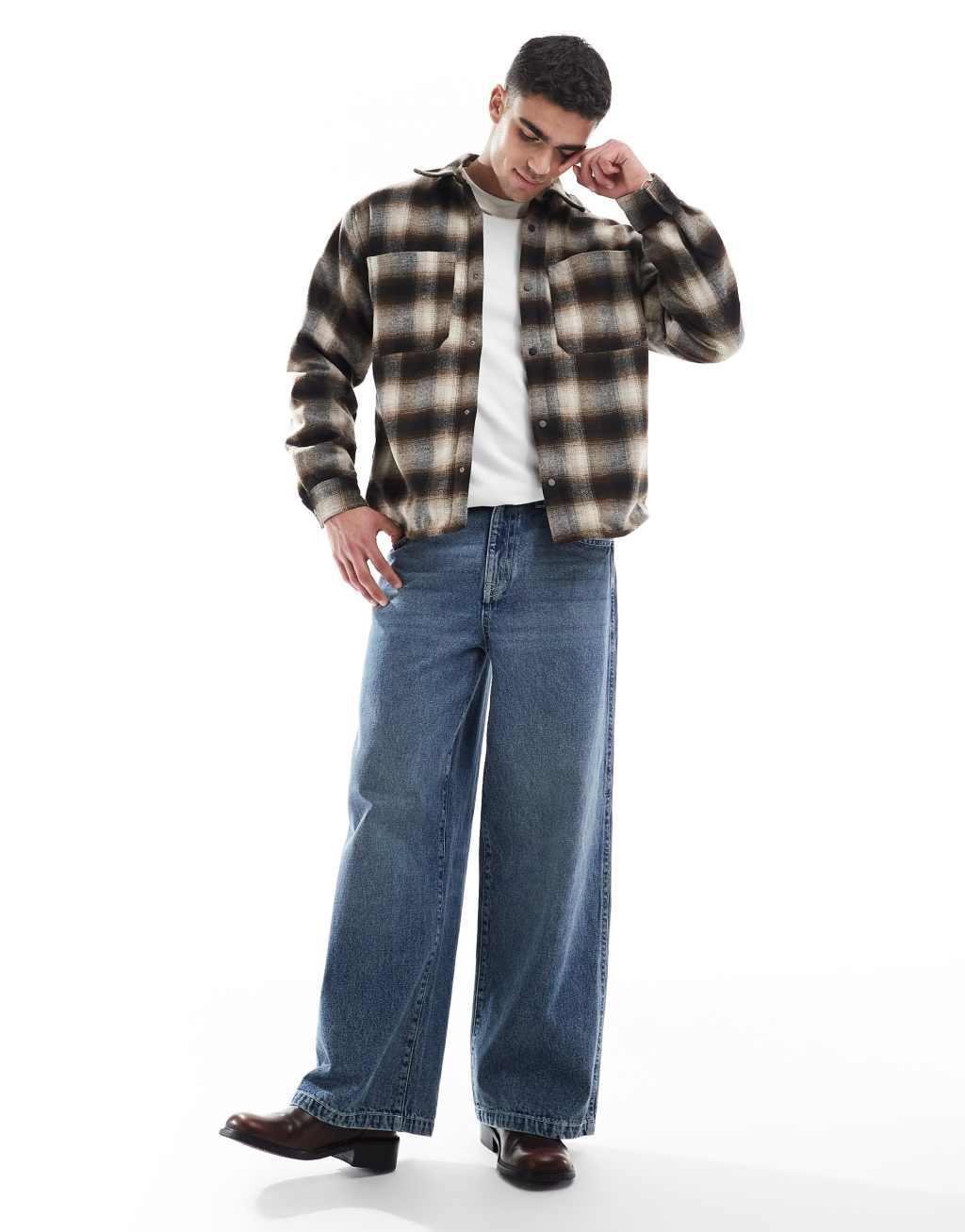 Bershka plaid washed shirt in brown Product Image