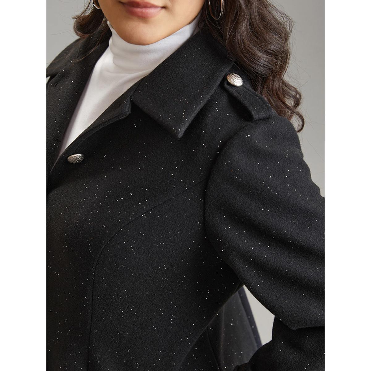 Plus Size Plain Sequin Button Through Plicated Detail Coat Women Black Casual Sequin Ladies Dailywear Winter Coats BloomChic 22-24/3X Product Image