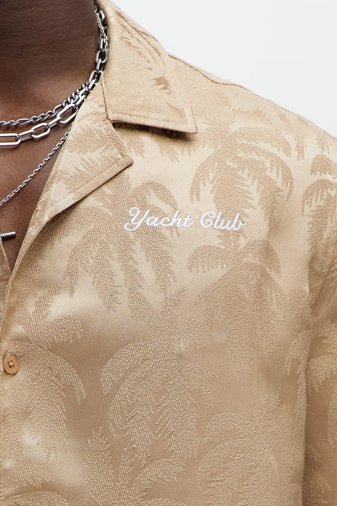 Palm Trees Jacquard Short Sleeve Button Up Shirt - Brown Product Image