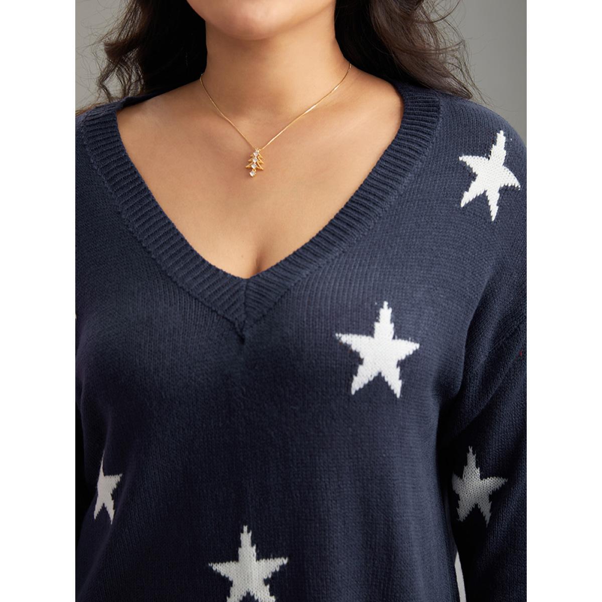 Plus Size Star Print Drop Shoulder Cardigan Indigo Women Casual Loose Long Sleeve V-neck Dailywear Pullovers BloomChic 10/M Product Image