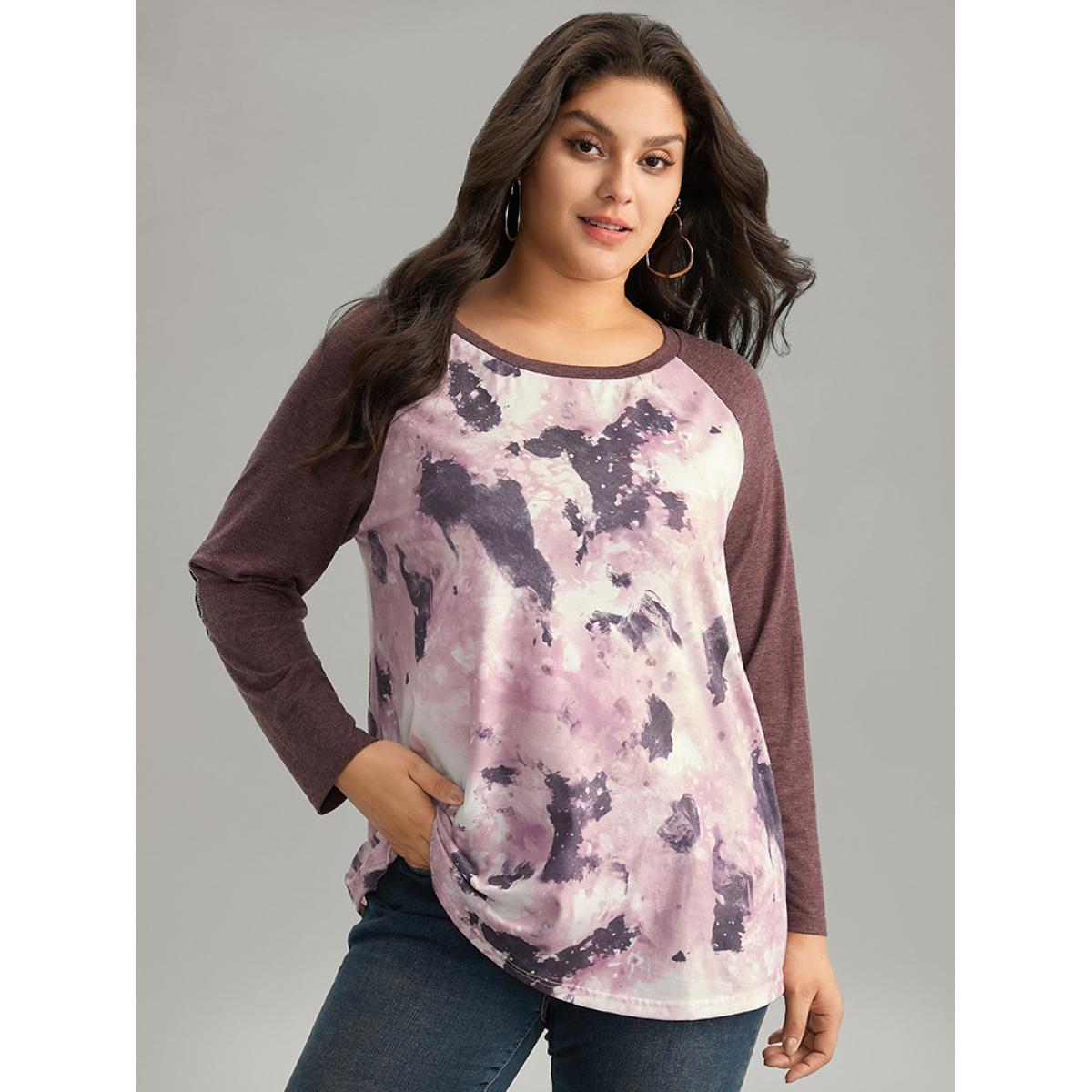 Plus Size Tie Dye Patchwork Contrast Raglan Sleeve T-shirt Multicolor Women Casual Contrast Tie Dye Round Neck Dailywear T-shirts BloomChic 22-24/3X Product Image