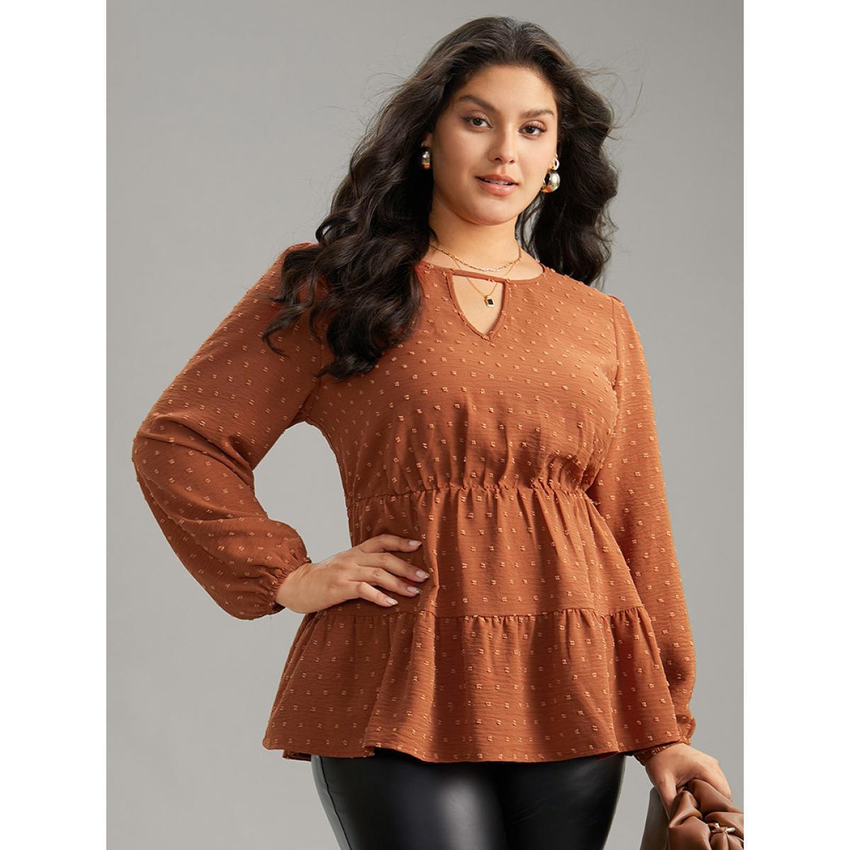 Plus Size Rust Textured Keyhole Ruffle Layered Hem Blouse Women Office Long Sleeve Keyhole Cut-Out Work Blouses BloomChic 22-24/3X Product Image