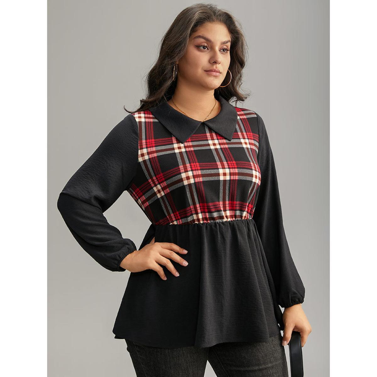 Plus Size Black Plaid Patchwork Lapel Collar Lantern Sleeve Blouse Women Office Long Sleeve Lapel Collar Work Blouses BloomChic 12/L Product Image