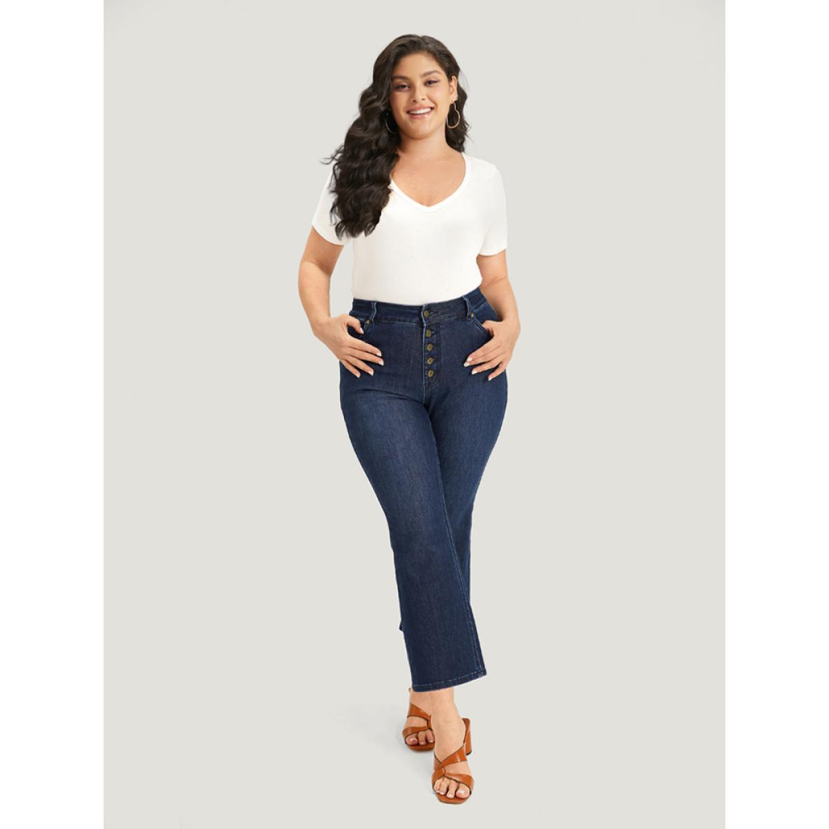 Plus Size Plain Button Fly High Rise Bootcut Jeans Women DarkBlue Casual Plain Plain Medium stretch Pocket Jeans BloomChic 22/3X Product Image