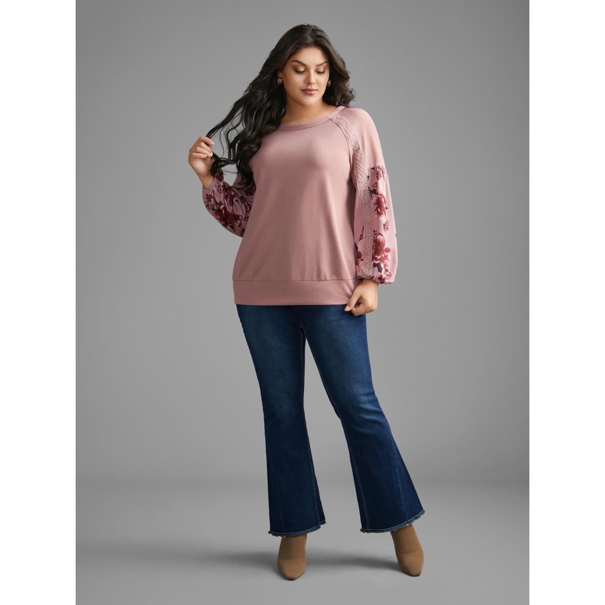 Plus Size Round Neck Floral Patchwork Woven Ribbon Sweatshirt Women Multicolor Elegant Woven ribbon&lace trim Round Neck Everyday Sweatshirts BloomChic 12/L Product Image