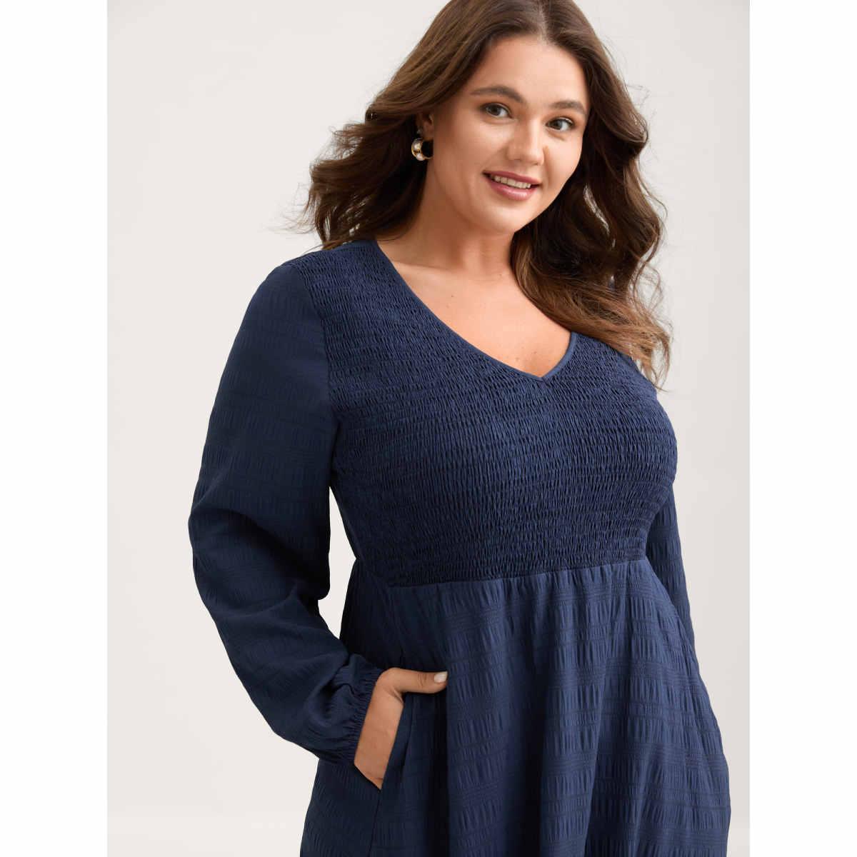Plus Size Solid Shirred Plisse Flutter Hem Dress DarkBlue Women Elegant Elastic cuffs V-neck Long Sleeve Curvy Midi Dress BloomChic 12/L Product Image