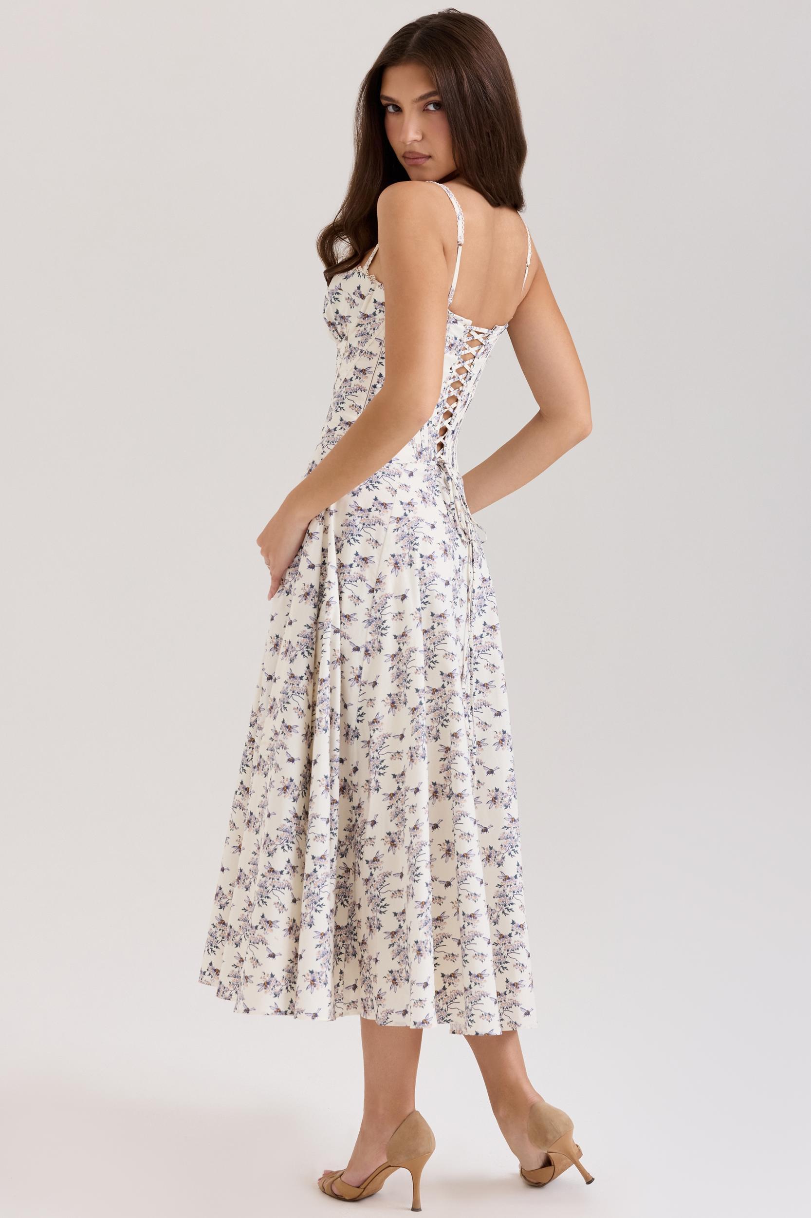 Steffani  cream stretch cotton floral print midi sundress Product Image