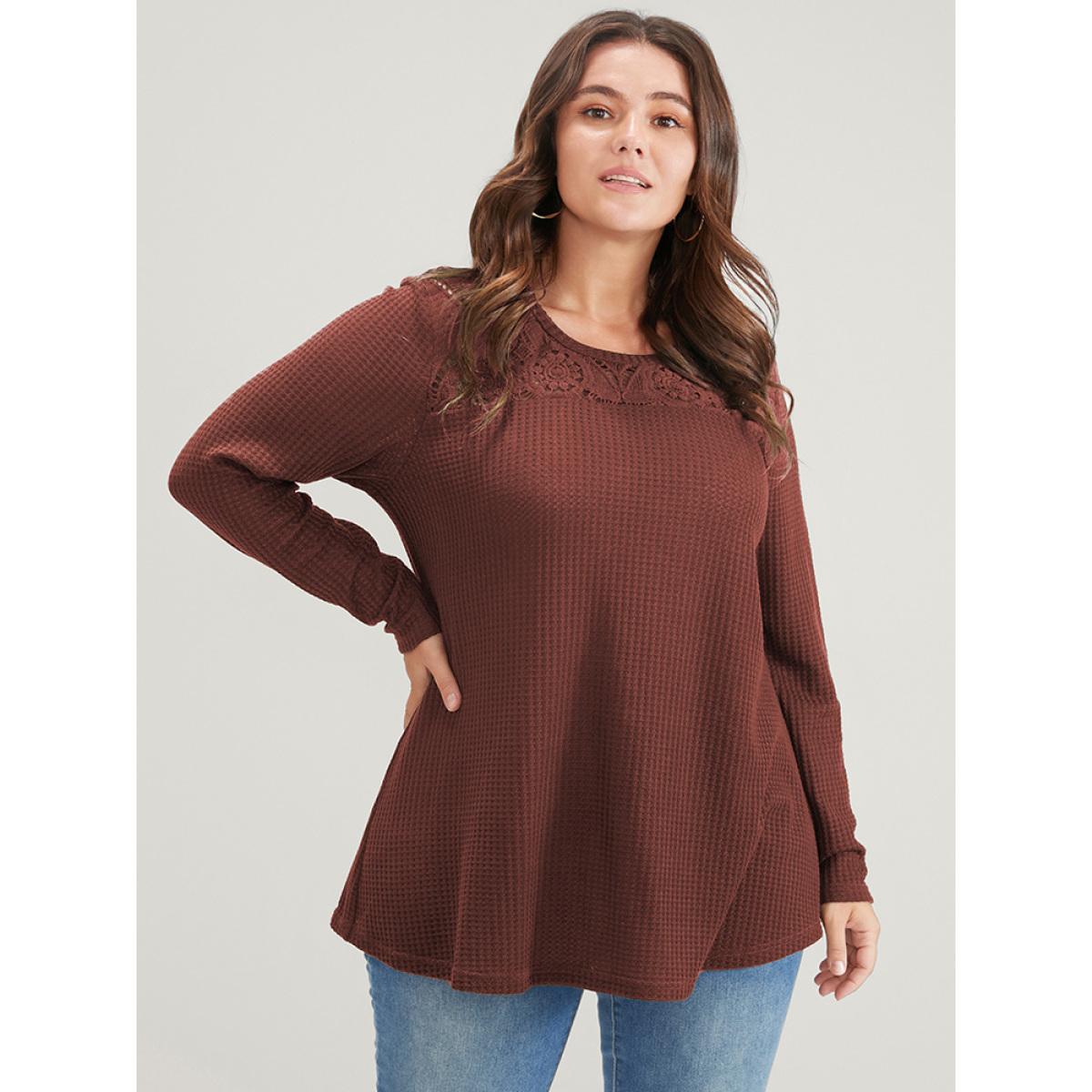 Plus Size Solid Crochet Lace Waffle Knit Sweatshirt Women Rust Elegant Patchwork Round Neck Dailywear Sweatshirts BloomChic 28/5X Product Image