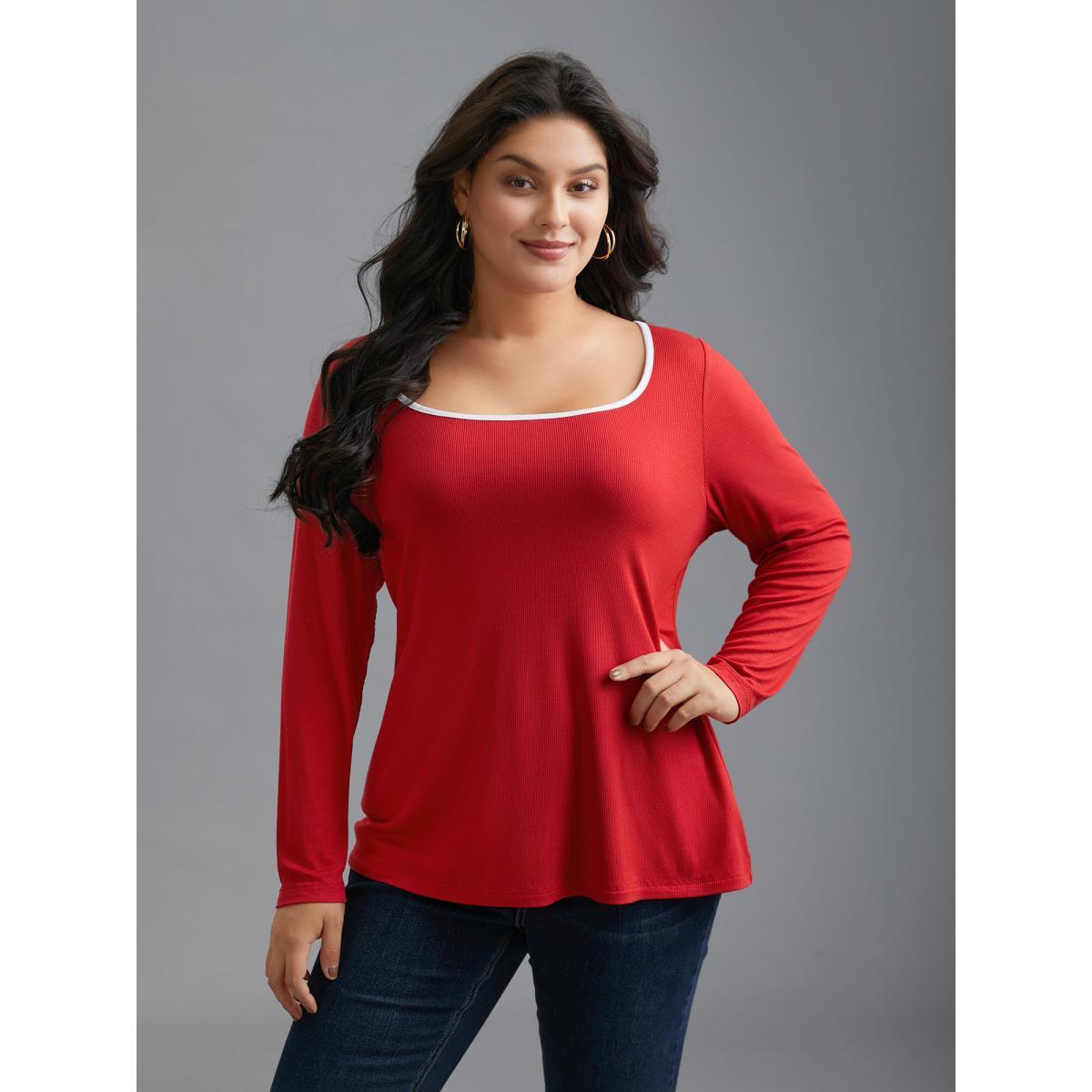 Plus Size Square Neck Contrast Trim T-shirt Crimson Women Casual Texture Square Neck Bodycon Everyday T-shirts BloomChic 14-16/1X Product Image