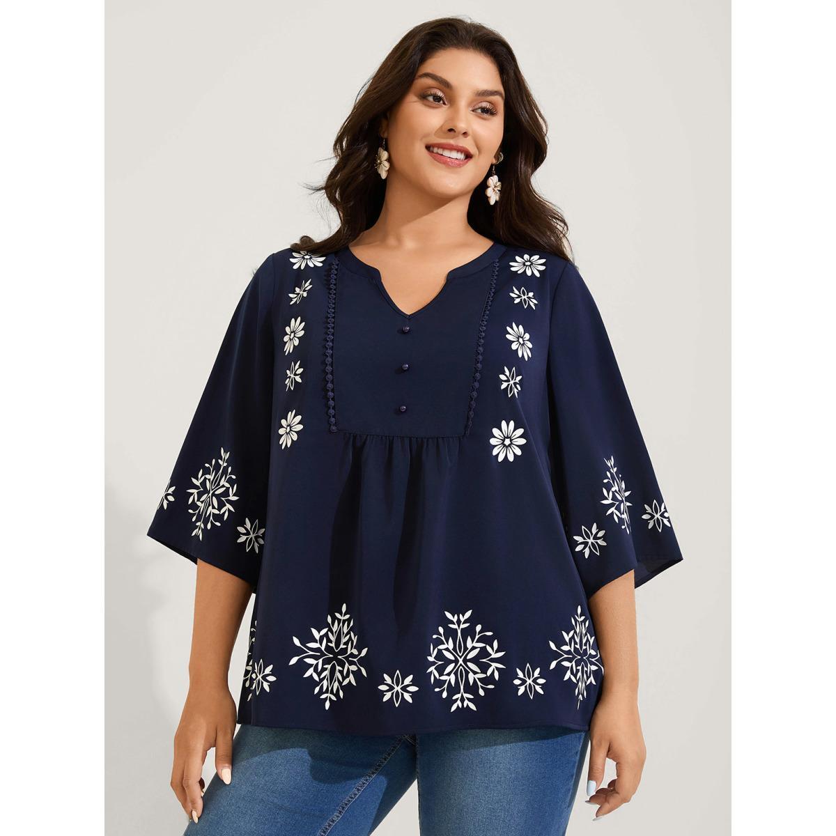 Plus Size DarkBlue Floral Print Button Detail Solid Blouse Women Elbow-length sleeve Flat collar with V-notch Vacation Blouses BloomChic 28/5X Product Image