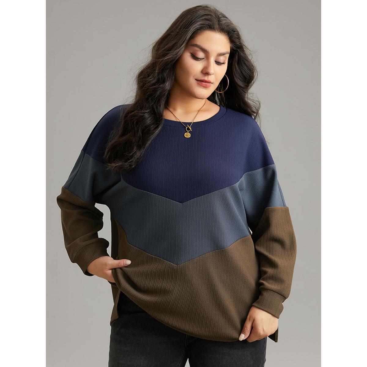 Plus Size Colorblock Rib Knit Drop Shoulder Sweatshirt Women Multicolor Casual Contrast Round Neck Dailywear Sweatshirts BloomChic 30/6X Product Image