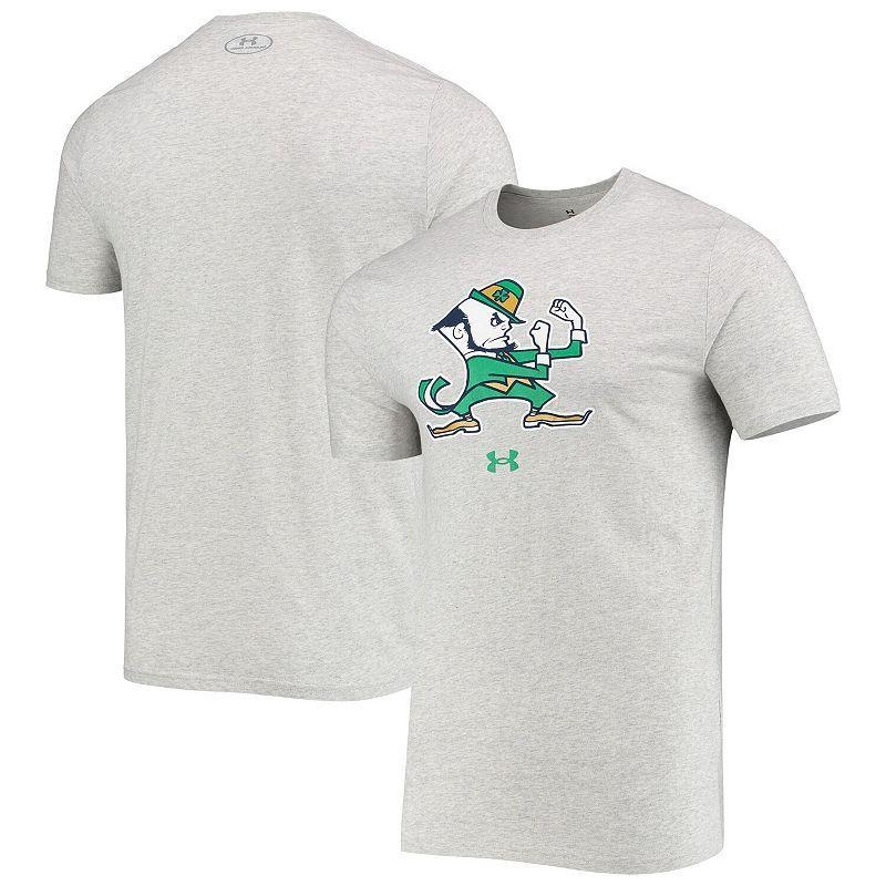 Men's Under Armour Heathered Gray Notre Dame Fighting Irish Mascot Logo Performance Cotton T-Shirt, Size: 3XL, Grey Product Image