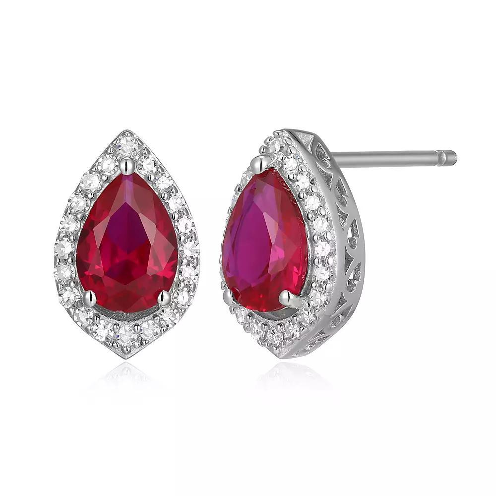 Sterling Silver Lab-Created Ruby & 1/5 Carat T.W. Lab-Grown Diamond Halo Stud Earrings, Women's Product Image