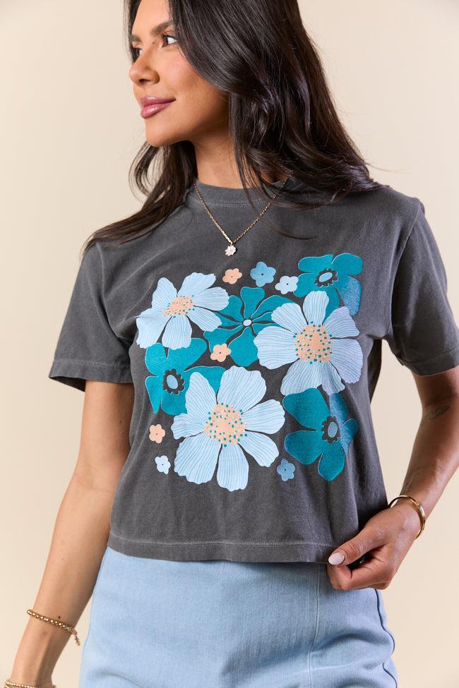Organic Floral Print Grey Boxy Graphic Tee SALE Product Image