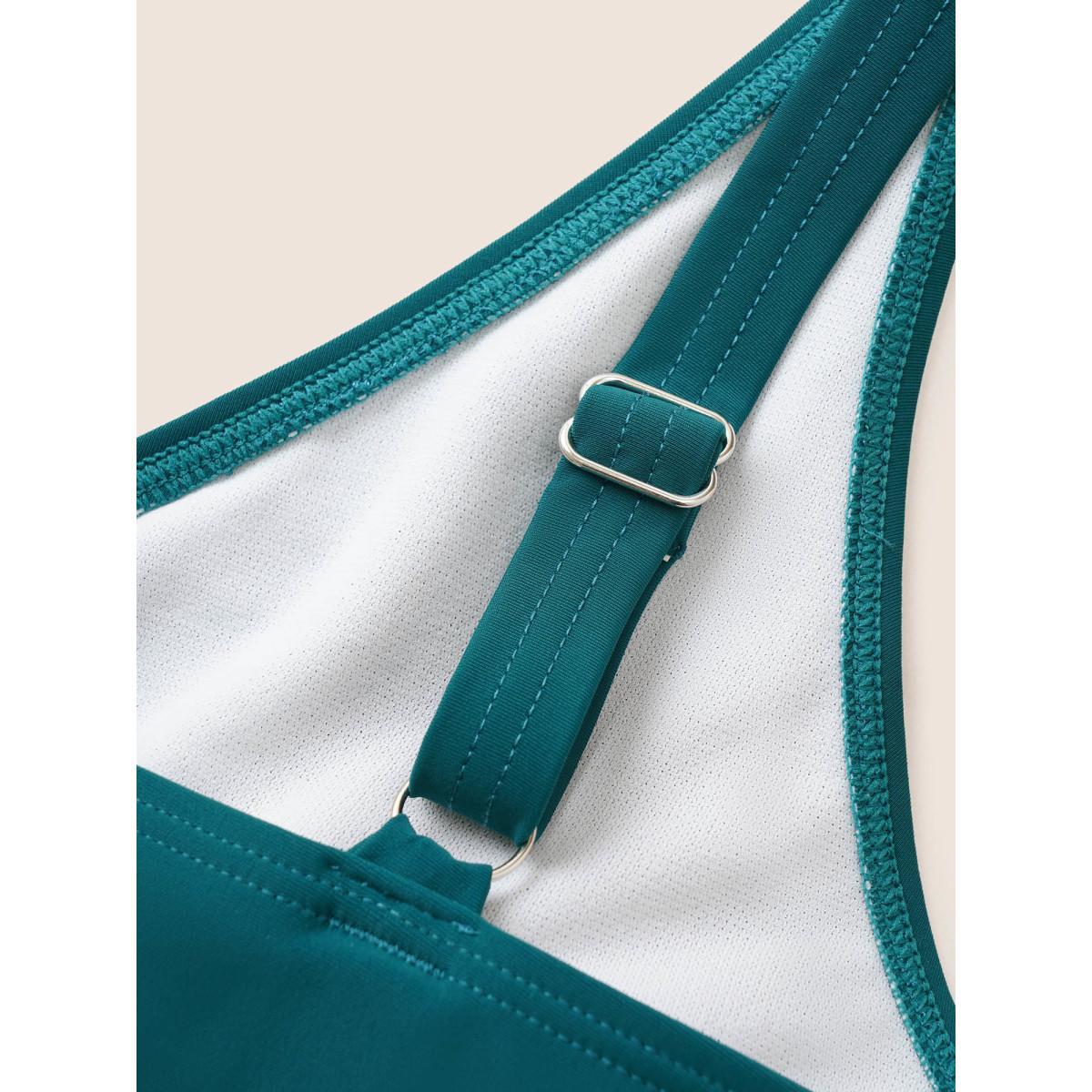 Plus Size Solid Keyhole Tiered Ruffle Hem Swim Top Women's Swimwear Cyan Beach Non High stretch Bodycon V-neck Curve Swim Tops BloomChic 28/5X Product Image