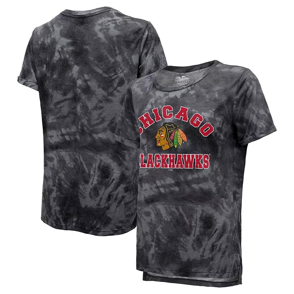 Women's Majestic Threads Black Chicago Blackhawks Boyfriend Tie-Dye Tri-Blend T-Shirt, Size: Medium Product Image