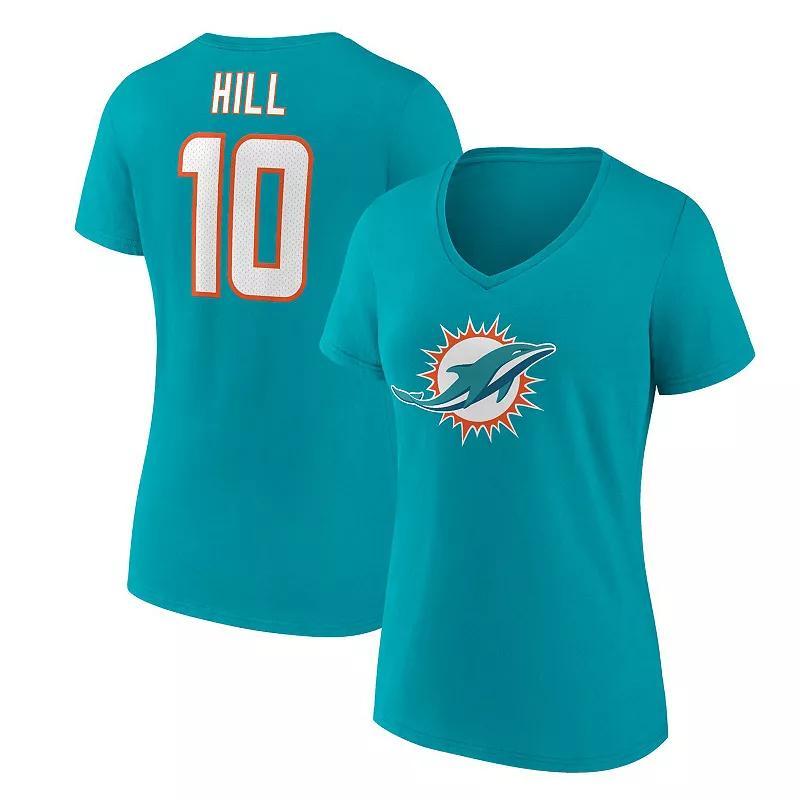Women's Fanatics Branded Tyreek Hill Aqua Miami Dolphins Player Icon Name & Number V-Neck T-Shirt, Size: XL, Turquoise A Product Image