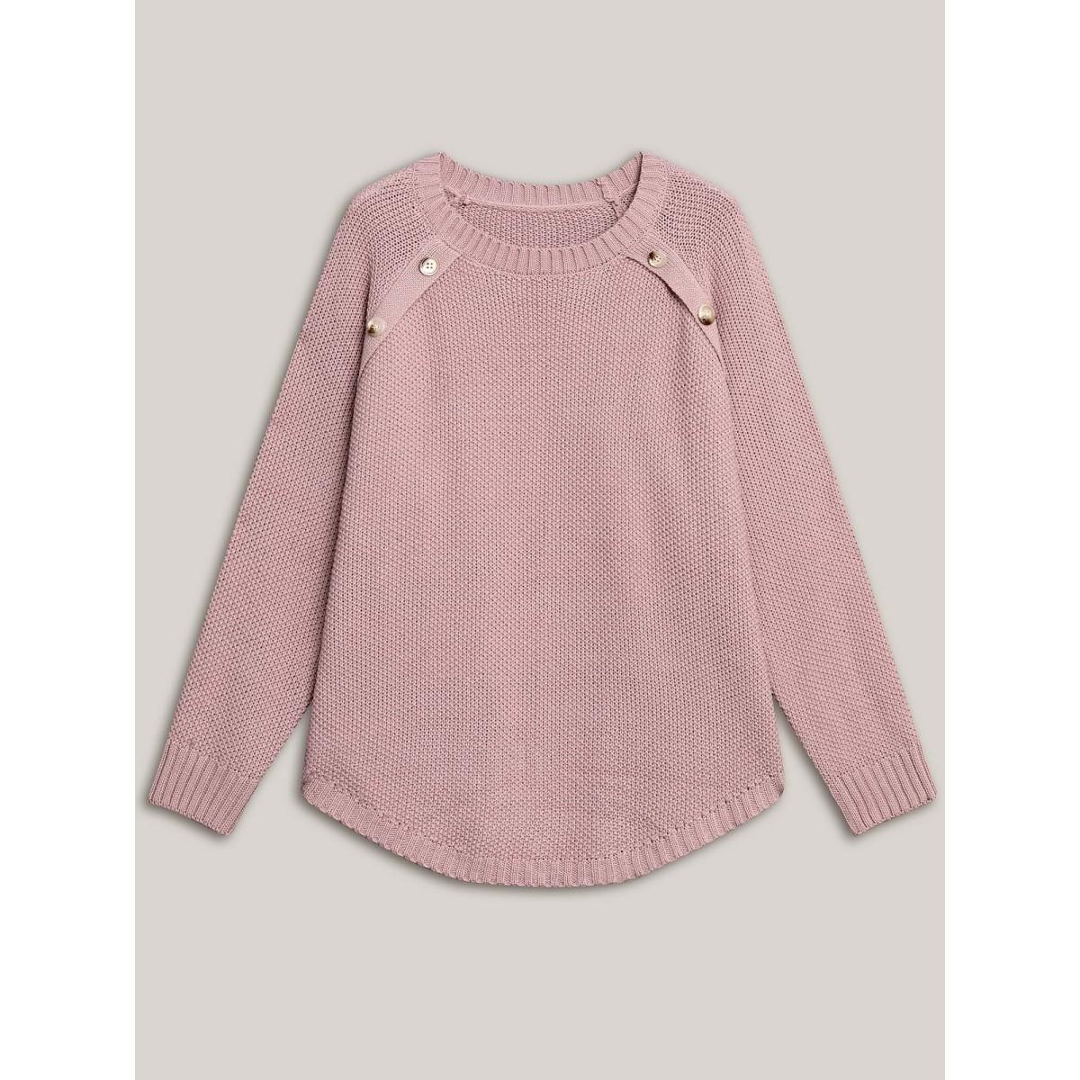 Plus Size Plain Textured Button Detail Curved Hem Pullover Dirtypink Women Casual Loose Long Sleeve Round Neck Everyday Pullovers BloomChic 26/4X Product Image